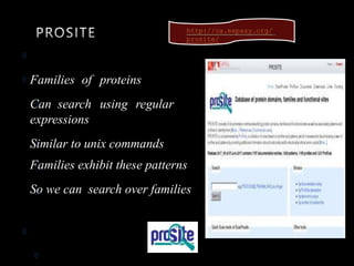Families of proteins
Can search using regular
expressions
Similar to unix commands
Families exhibit these patterns
So we can search over families
http://ca.expasy.org/
prosite/
 
