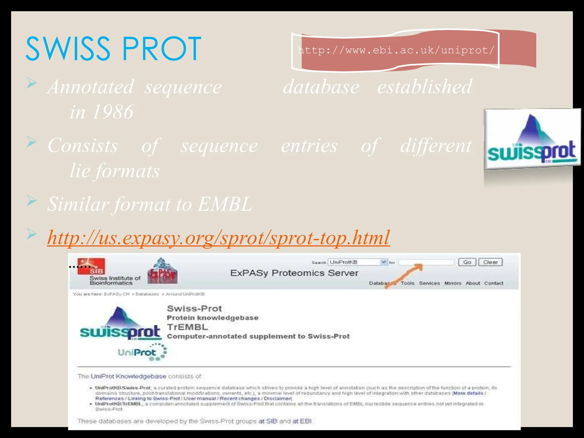 SWISS PROT http://www.ebi.ac.uk/uniprot/
…...
 Annotated sequence database established
in 1986
 Consists of sequence entries of different
lie formats
 Similar format to EMBL
 http://us.expasy.org/sprot/sprot-top.html
 