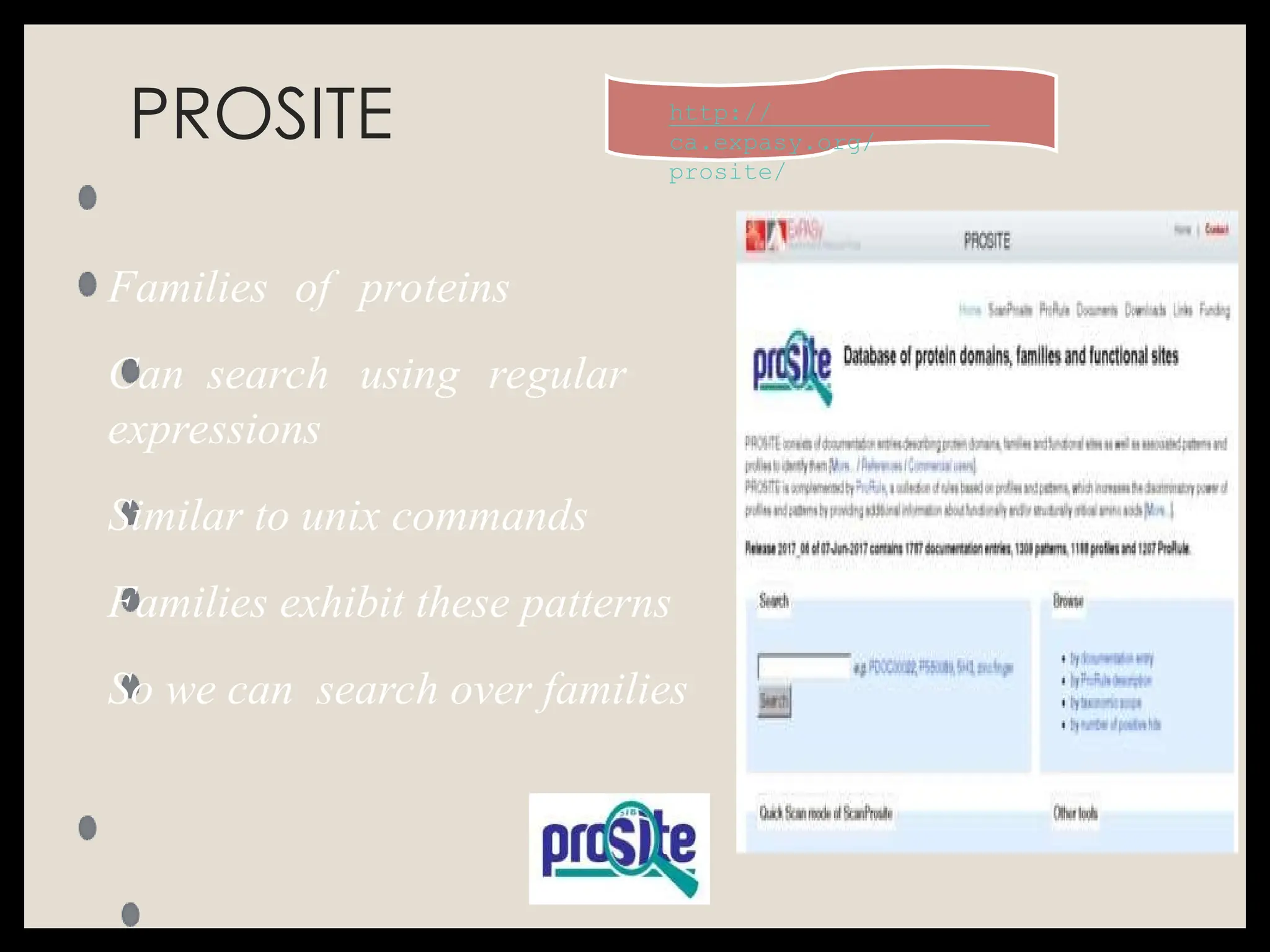 PROSITE
Families of proteins
Can search using regular
expressions
Similar to unix commands
Families exhibit these patterns
So we can search over families
http://
ca.expasy.org/
prosite/
 