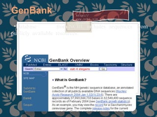 GenBank
•Database from NCBI, includes sequences from
publicly available resources.
http://
www.ncbi.nlm.nih.gov/
genbank/
 