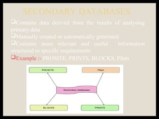 SECONDARY DATABASES
Contains data derived from the results of analysing
primary data
Manually created or automatically generated
Contains more relevant and useful information
structured to specific requirements
Example :- PROSITE, PRINTS, BLOCKS, Pfam
 