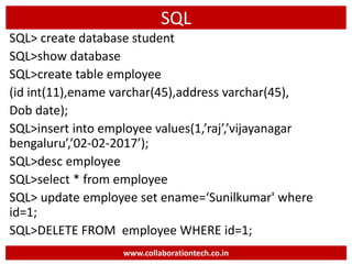 SQL
SQL> create database student
SQL>show database
SQL>create table employee
(id int(11),ename varchar(45),address varchar(45),
Dob date);
SQL>insert into employee values(1,’raj’,’vijayanagar
bengaluru’,’02-02-2017’);
SQL>desc employee
SQL>select * from employee
SQL> update employee set ename=‘Sunilkumar' where
id=1;
SQL>DELETE FROM employee WHERE id=1;
www.collaborationtech.co.in
 