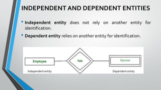 INDEPENDENT AND DEPENDENT ENTITIES
• Independent entity does not rely on another entity for
identification.
• Dependent entity relies on another entity for identification.
Independent entity Dependent entity
 
