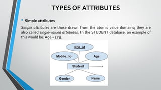TYPES OF ATTRIBUTES
• Simple attributes
Simple attributes are those drawn from the atomic value domains; they are
also called single-valued attributes. In the STUDENT database, an example of
this would be: Age = {23}.
 