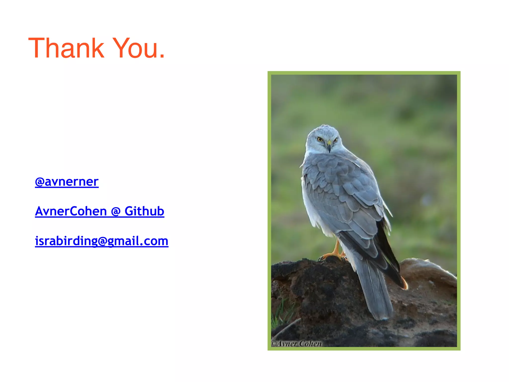 Thank You. 
@avnerner 
AvnerCohen @ Github 
israbirding@gmail.com 
