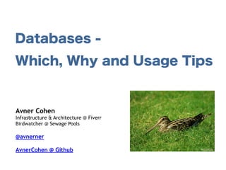 Databases - 
Which, Why and Usage Tips 
Avner Cohen 
Infrastructure & Architecture @ Fiverr 
Birdwatcher @ Sewage Pools 
@avnerner 
AvnerCohen @ Github 
 
