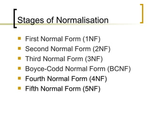 Stages of Normalisation First Normal Form (1NF) Second Normal Form (2NF) Third Normal Form (3NF) Boyce-Codd Normal Form (BCNF) Fourth Normal Form (4NF) Fifth Normal Form (5NF) 