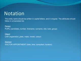 Notation
The entity name should be written in capital letters, and in singular. The attributes should
follow in a bracketed list.
Person
PUPIL (candidate_number, forename, surname, dob, tutor_group)
Object
CAR (registration_plate, make, model, colour)
Abstract
DOCTOR APPOINTMENT (date, time, consultant, location)