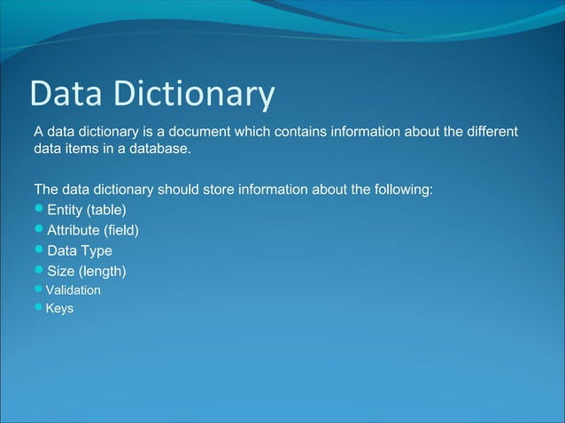 Data Dictionary | PPT | Databases | Computer Software and Applications