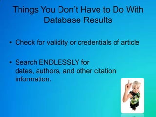 Things You Don’t Have to Do With
         Database Results

• Check for validity or credentials of article

• Search ENDLESSLY for
  dates, authors, and other citation
  information.
 