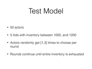 Test Model
• 50 actors
• 5 Ads with inventory between 1000, and 1200
• Actors randomly get [1,3] times to choose per
round
• Rounds continue until entire inventory is exhausted
 
