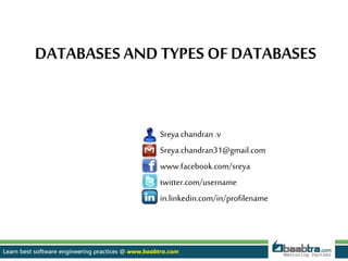 Sreyachandran .v
Sreya.chandran31@gmail.com
www.facebook.com/sreya
twitter.com/username
in.linkedin.com/in/profilename
DATABASES AND TYPES OFDATABASES
 