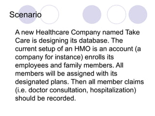 Scenario
A new Healthcare Company named Take
Care is designing its database. The
current setup of an HMO is an account (a
company for instance) enrolls its
employees and family members. All
members will be assigned with its
designated plans. Then all member claims
(i.e. doctor consultation, hospitalization)
should be recorded.
 