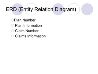 Plan Number
 Plan Information
 Claim Number
 Claims Information
ERD (Entity Relation Diagram)
 