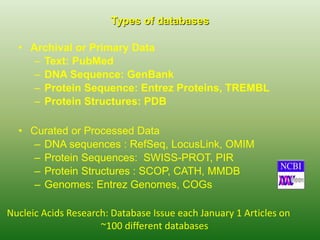 What is GenBank?
• Archival nucleotide sequence database
• Sample slogans:
“Easy deposits, unlimited withdrawals, high
int...