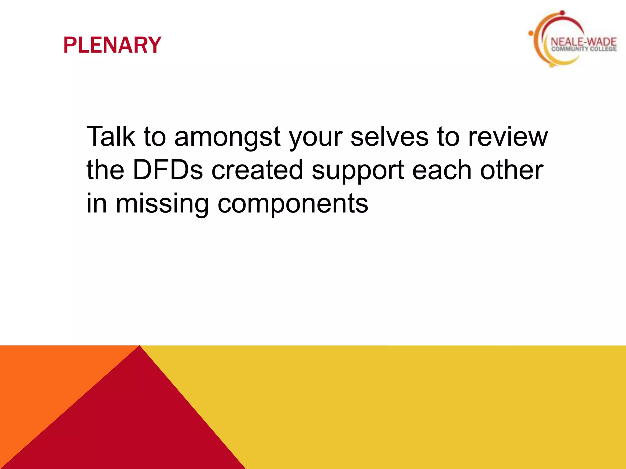PLENARY


 Talk to amongst your selves to review
 the DFDs created support each other
 in missing components
 