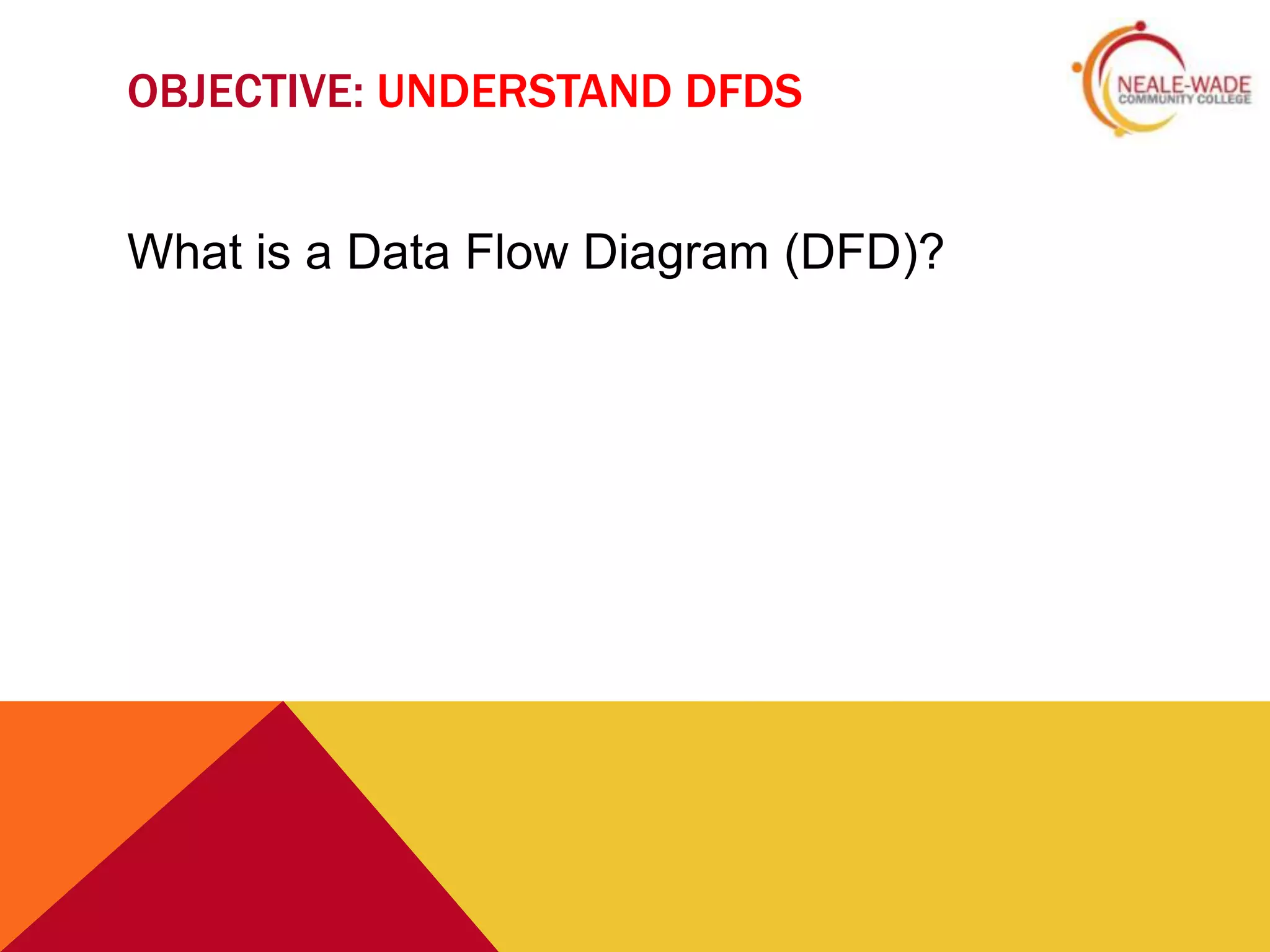 OBJECTIVE: UNDERSTAND DFDS


What is a Data Flow Diagram (DFD)?
 