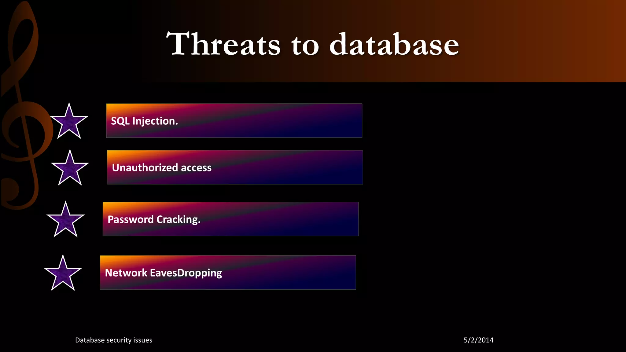 Threats to database
SQL Injection.
Unauthorized access
Password Cracking.
Network EavesDropping
5/2/2014Database security issues
 
