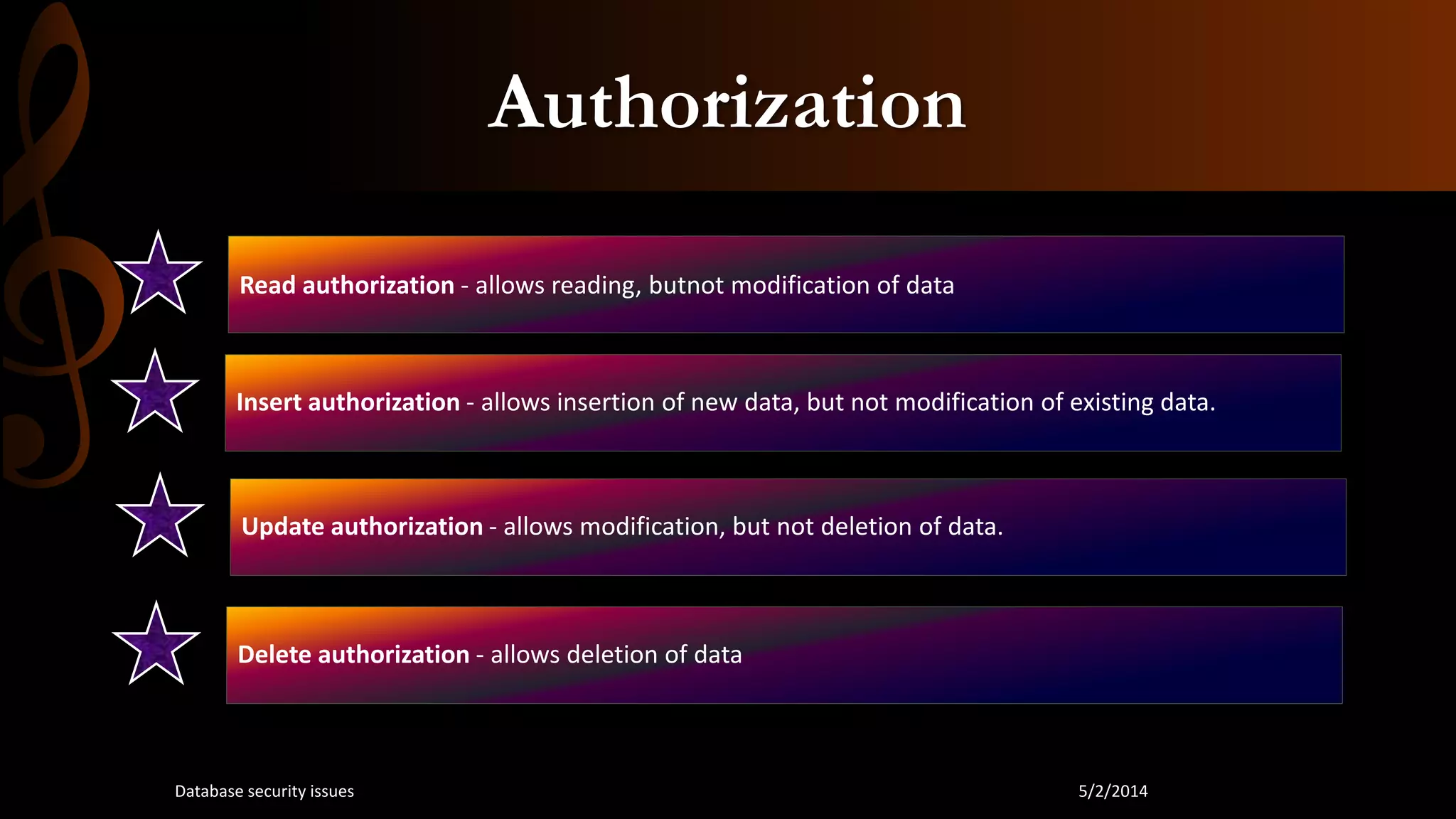 Authorization
Read authorization - allows reading, butnot modification of data
Insert authorization - allows insertion of new data, but not modification of existing data.
Update authorization - allows modification, but not deletion of data.
Delete authorization - allows deletion of data
5/2/2014Database security issues
 