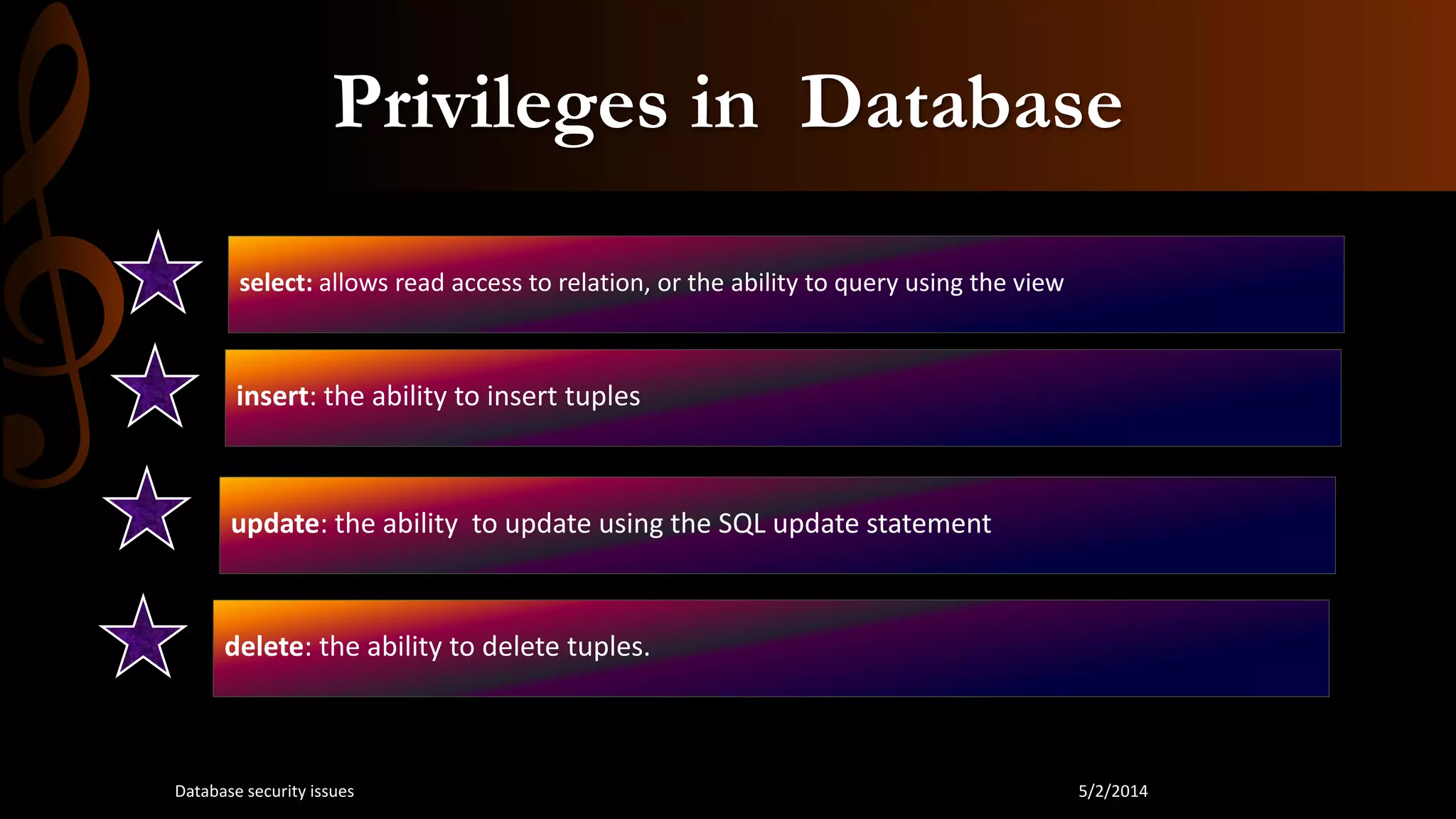Privileges in Database
select: allows read access to relation, or the ability to query using the view
insert: the ability to insert tuples
update: the ability to update using the SQL update statement
delete: the ability to delete tuples.
5/2/2014Database security issues
 