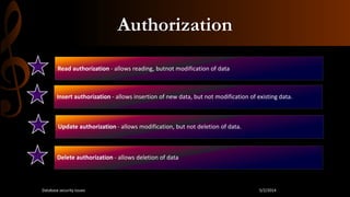 Authorization
Read authorization - allows reading, butnot modification of data
Insert authorization - allows insertion of new data, but not modification of existing data.
Update authorization - allows modification, but not deletion of data.
Delete authorization - allows deletion of data
5/2/2014Database security issues
 