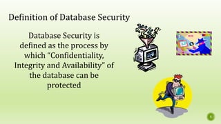 Database Security is
defined as the process by
which “Confidentiality,
Integrity and Availability” of
the database can be
protected
Definition of Database Security
5
 