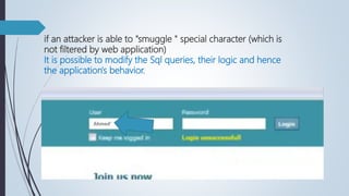 if an attacker is able to "smuggle " special character (which is
not filtered by web application)
It is possible to modify the Sql queries, their logic and hence
the application's behavior.
 