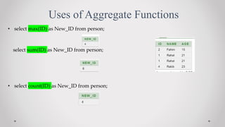 Uses of Aggregate Functions
? select max(ID) as New_ID from person;
select sum(ID) as New_ID from person;
? select count(ID) as New_ID from person;
 