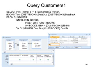 56
Query Customers1
SELECT [First_name] & " " & [Surname] AS Person,
BOOKS.Title, [CUST/BOOKS].DateOut, [CUST/BOOKS].DateBack
FROM CUSTOMER
INNER JOIN (BOOKS
INNER JOIN [CUST/BOOKS]
ON BOOKS.ISBN = [CUST/BOOKS].ISBN)
ON CUSTOMER.CustID = [CUST/BOOKS].CustID;
 