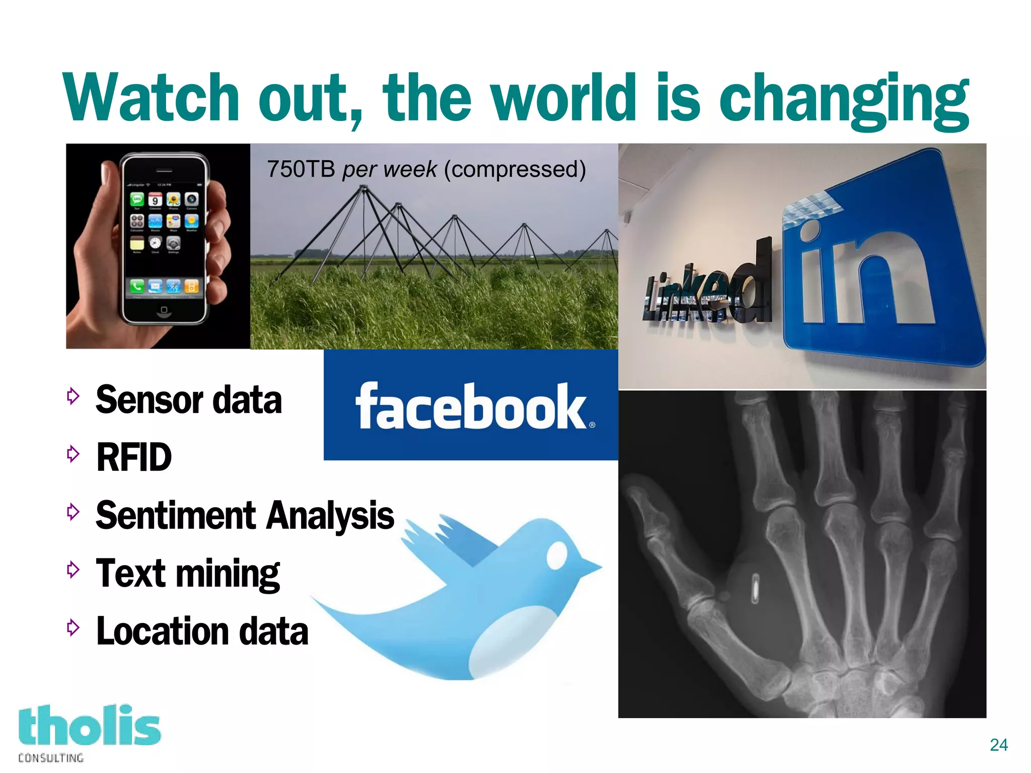 24
Watch out, the world is changing
750TB per week (compressed)
⇨ Sensor data
⇨ RFID
⇨ Sentiment Analysis
⇨
Text mining
⇨ Location data
 