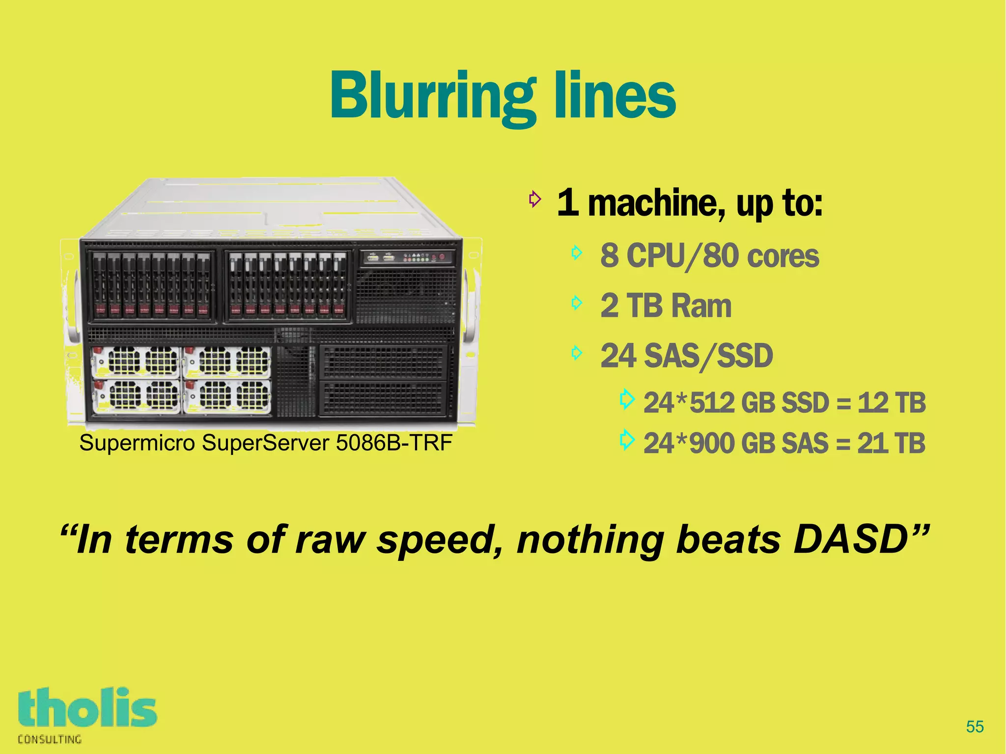 55
Blurring lines
⇨ 1 machine, up to:
⇨ 8 CPU/80 cores
⇨ 2 TB Ram
⇨ 24 SAS/SSD
⇨24*512 GB SSD = 12 TB
⇨24*900 GB SAS = 21 TB
“In terms of raw speed, nothing beats DASD”
Supermicro SuperServer 5086B-TRF
 