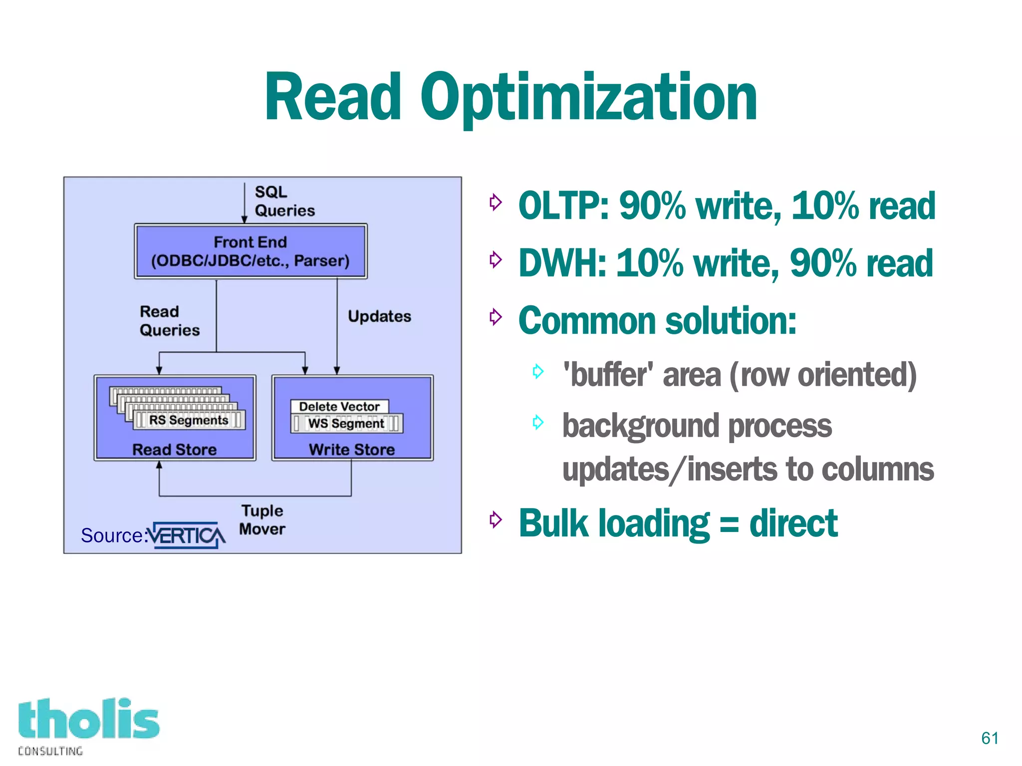 61
Read Optimization
⇨ OLTP: 90% write, 10% read
⇨ DWH: 10% write, 90% read
⇨ Common solution:
⇨ 'buffer' area (row oriented)
⇨ background process
updates/inserts to columns
⇨ Bulk loading = directSource:
 
