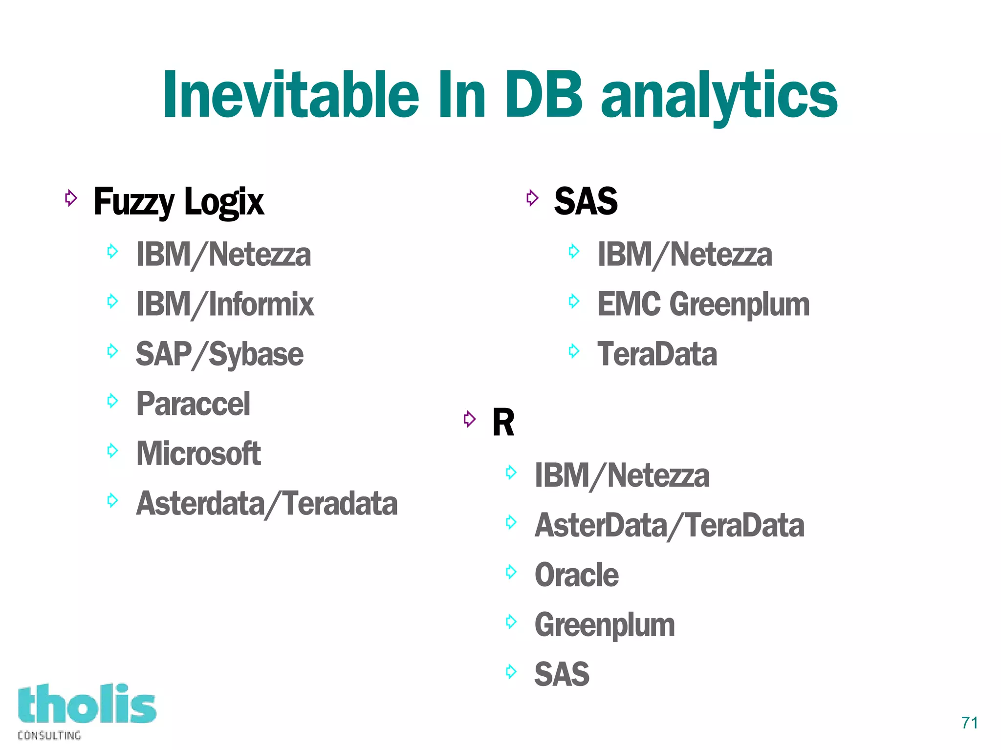 71
Inevitable In DB analytics
⇨ Fuzzy Logix
⇨ IBM/Netezza
⇨ IBM/Informix
⇨ SAP/Sybase
⇨ Paraccel
⇨ Microsoft
⇨ Asterdata/Teradata
⇨ SAS
⇨ IBM/Netezza
⇨ EMC Greenplum
⇨ TeraData
⇨ R
⇨ IBM/Netezza
⇨ AsterData/TeraData
⇨ Oracle
⇨ Greenplum
⇨ SAS
 