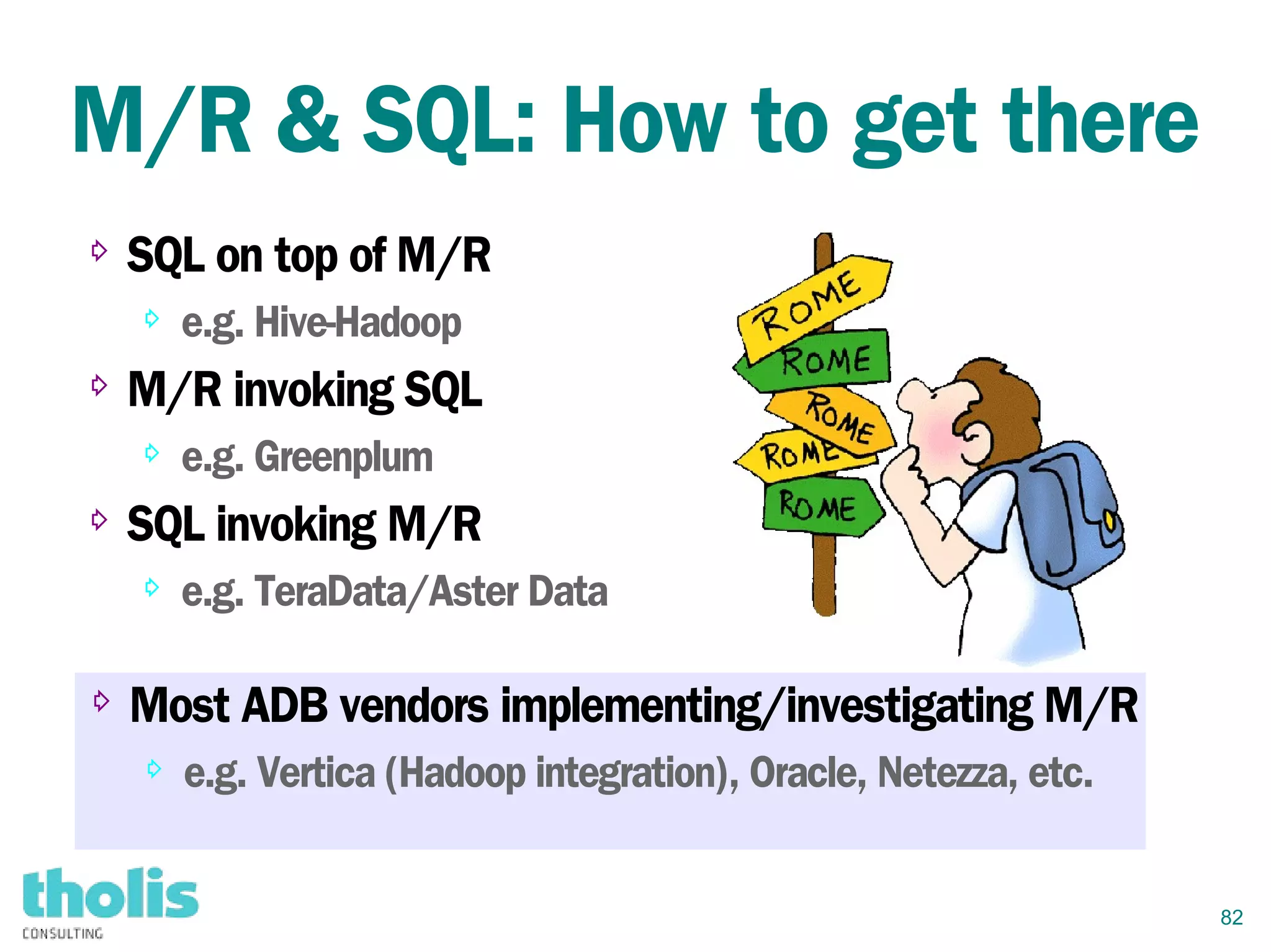 82
M/R & SQL: How to get there
⇨ SQL on top of M/R
⇨ e.g. Hive-Hadoop
⇨ M/R invoking SQL
⇨ e.g. Greenplum
⇨ SQL invoking M/R
⇨ e.g. TeraData/Aster Data
⇨ Most ADB vendors implementing/investigating M/R
⇨ e.g. Vertica (Hadoop integration), Oracle, Netezza, etc.
 