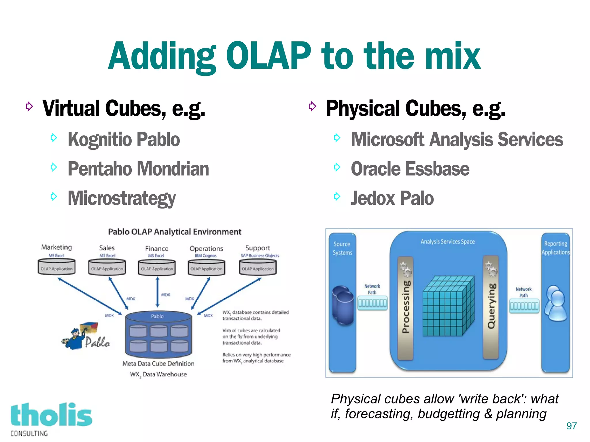 97
Adding OLAP to the mix
⇨ Virtual Cubes, e.g.
⇨ Kognitio Pablo
⇨ Pentaho Mondrian
⇨ Microstrategy
⇨ Physical Cubes, e.g.
⇨ Microsoft Analysis Services
⇨ Oracle Essbase
⇨ Jedox Palo
Physical cubes allow 'write back': what
if, forecasting, budgetting & planning
 