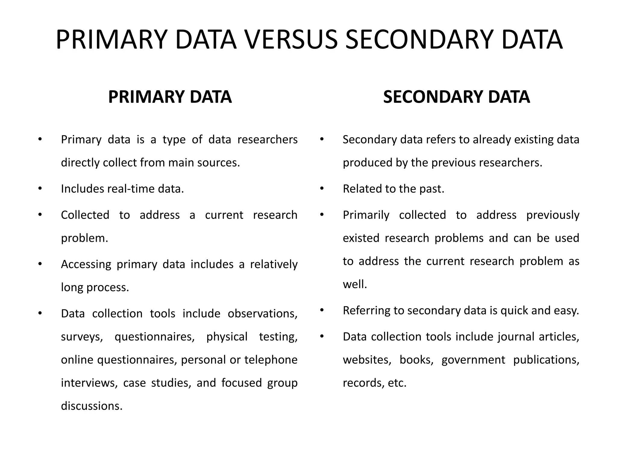 PRIMARY DATA VERSUS SECONDARY DATA
PRIMARY DATA
• Primary data is a type of data researchers
directly collect from main sources.
• Includes real-time data.
• Collected to address a current research
problem.
• Accessing primary data includes a relatively
long process.
• Data collection tools include observations,
surveys, questionnaires, physical testing,
online questionnaires, personal or telephone
interviews, case studies, and focused group
discussions.
SECONDARY DATA
• Secondary data refers to already existing data
produced by the previous researchers.
• Related to the past.
• Primarily collected to address previously
existed research problems and can be used
to address the current research problem as
well.
• Referring to secondary data is quick and easy.
• Data collection tools include journal articles,
websites, books, government publications,
records, etc.
 