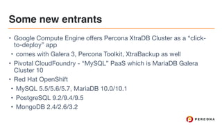 Some new entrants
• Google Compute Engine offers Percona XtraDB Cluster as a “click-
to-deploy” app

• comes with Galera 3, Percona Toolkit, XtraBackup as well

• Pivotal CloudFoundry - “MySQL” PaaS which is MariaDB Galera
Cluster 10

• Red Hat OpenShift

• MySQL 5.5/5.6/5.7, MariaDB 10.0/10.1

• PostgreSQL 9.2/9.4/9.5

• MongoDB 2.4/2.6/3.2
 