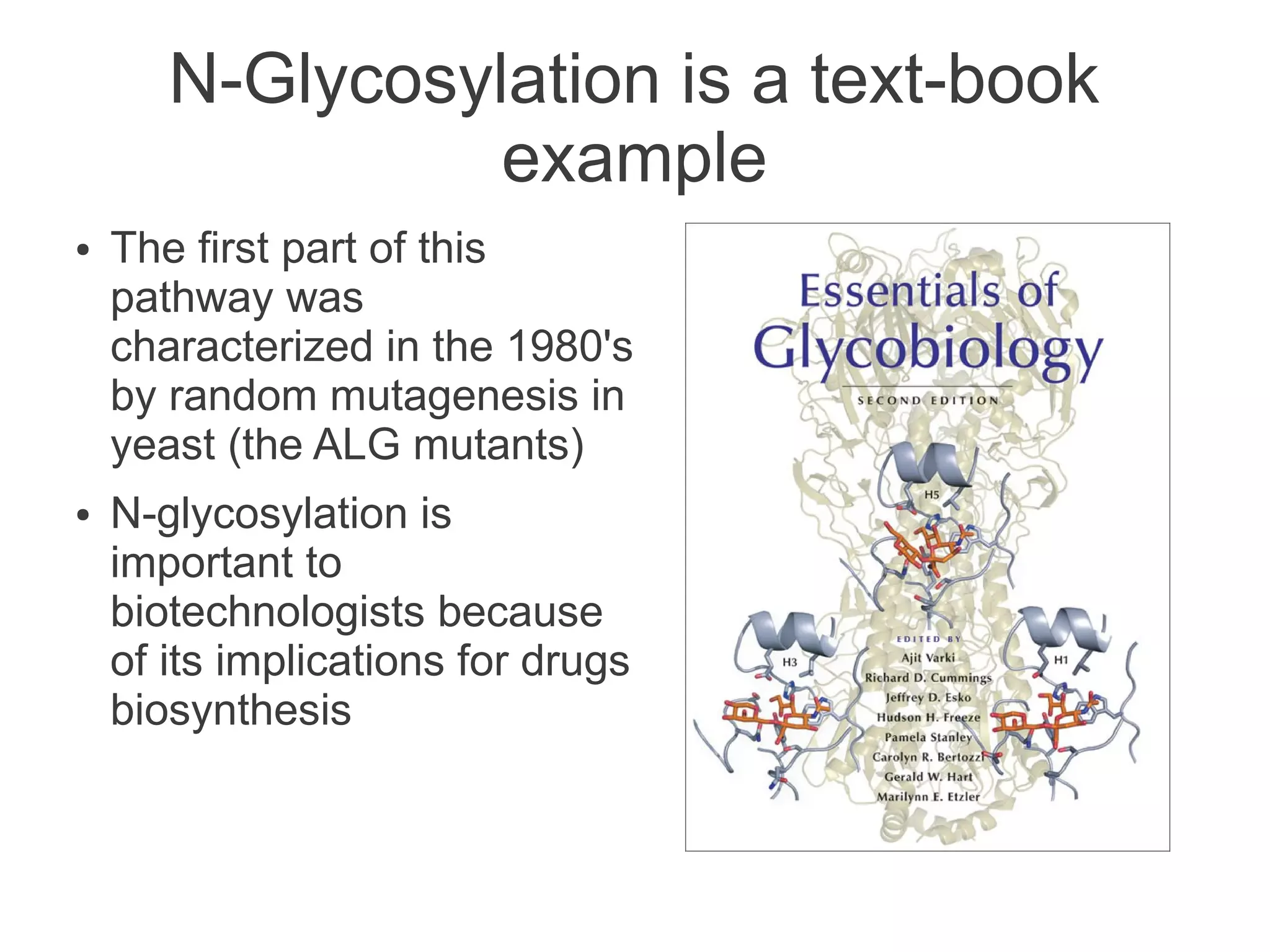 N-Glycosylation is a text-book
                 example
●   The first part of this
    pathway was
    characterized in the 1980's
    by random mutagenesis in
    yeast (the ALG mutants)
●   N-glycosylation is
    important to
    biotechnologists because
    of its implications for drugs
    biosynthesis
 