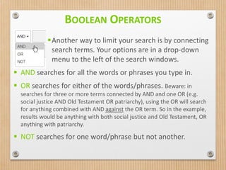 Another way to limit your search is by connecting
search terms. Your options are in a drop-down
menu to the left of the search windows.
 AND searches for all the words or phrases you type in.
 OR searches for either of the words/phrases. Beware: in
searches for three or more terms connected by AND and one OR (e.g.
social justice AND Old Testament OR patriarchy), using the OR will search
for anything combined with AND against the OR term. So in the example,
results would be anything with both social justice and Old Testament, OR
anything with patriarchy.
 NOT searches for one word/phrase but not another.
BOOLEAN OPERATORS
 