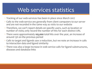 Web services statistics
◦ Tracking of our web-services has been in place since March 2017
◦ Calls to the web-service are generally from client computers to our server
and are not recorded in the same way as visits to our website
◦ Therefore, we can’t report details on specific users, such as location or
number of visits; only record the number of hits for each distinct URL
◦ There were approximately 105,000 total hits over the year, an increase of
around 13% on the previous period
◦ Calls to target and ligands saw a reduction, but we note an increase in calls
to interaction data and ligand similarity
◦ There was also a large increase in web service calls for ligand substructures,
diseases and database links
 