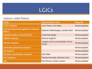 LGICs
Liaison: John Peters
Family Subcommittee Chair Required
5-HT3 receptors John Peters, Tim Hales Review/update
Acid-sensing (proton-gated) ion channels
(ASICs)
Stephan Kellenberger, Lachlan Rash Review/update
Epithelial sodium channel (ENaC) Israel Hanukoglu Review/update
GABAA receptors Werner Sieghart Review/update
Glycine receptors
Joseph Lynch, Lucia Sivilotti, Trevor
Smart
Review/update
Ionotropic glutamate receptors Review/update
IP3 receptor Review/update
Nicotinic acetylcholine receptors Neil Millar Review/update
P2X receptors Charles Kennedy, Michael Jarvis Review/update
ZAC Paul Davies, Anders Jensen Review/update
 