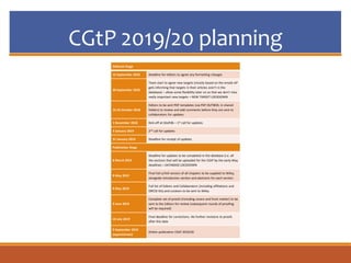 CGtP 2019/20 planning
Editorial Stage
15 September 2018 Deadline for editors to agree any formatting changes
30 September 2018
Team start to agree new targets (mostly based on the emails AP
gets informing that targets in their articles aren’t in the
database) – allow some flexibility later on so that we don’t miss
really important new targets = NEW TARGET LOCKDOWN
15-26 October 2018
Editors to be sent PDF templates (via PDF OUTBOX, in shared
folders) to review and add comments before they are sent to
collaborators for updates
1 November 2018 Kick-off at GtoPdb – 1st call for updates
3 January 2019 2nd call for updates
31 January 2019 Deadline for receipt of updates
Publication Stage
8 March 2019
Deadline for updates to be completed in the database (i.e. all
the sections that will be uploaded for the CGtP by the early-May
deadline) = DATABASE LOCKDOWN
8 May 2019
Final full LaTeX version of all chapters to be supplied to Wiley,
alongside introduction section and abstracts for each section
8 May 2019
Full list of Editors and Collaborators (including affiliations and
ORCID IDs) and curators to be sent to Wiley
9 June 2019
Complete set of proofs (including covers and front matter) to be
sent to the Editors for review (subsequent rounds of proofing
will be required)
10 July 2019
Final deadline for corrections. No further revisions to proofs
after this date
9 September 2019
(approximate)
Online publication CGtP 2019/20
 