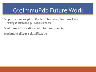 GtoImmuPdb Future Work
Prepare manuscript on Guide to Immunopharmacology
◦ Aiming at Immunology journals/readers
Continue collaborations with Immunopaedia
Implement disease classification
 