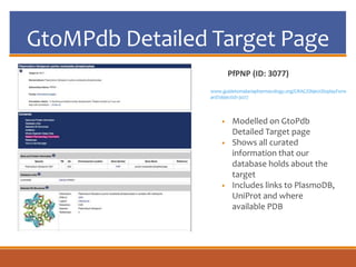 GtoMPdb Detailed Target Page
• Modelled on GtoPdb
Detailed Target page
• Shows all curated
information that our
database holds about the
target
• Includes links to PlasmoDB,
UniProt and where
available PDB
PfPNP (ID: 3077)
www.guidetomalariapharmacology.org/GRAC/ObjectDisplayForw
ard?objectId=3077
 