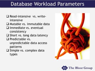 Database Workload Parameters
q Read-intensive vs. write-
intensive
q Mutable vs. immutable data
q Immediate vs. eventual
consistency
q Short vs. long data latency
q Predictable vs.
unpredictable data access
patterns
q Simple vs. complex data
types
 