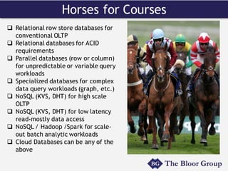 Horses for Courses
q Relational row store databases for
conventional OLTP
q Relational databases for ACID
requirements
q Parallel databases (row or column)
for unpredictable or variable query
workloads
q Specialized databases for complex
data query workloads (graph, etc.)
q NoSQL (KVS, DHT) for high scale
OLTP
q NoSQL (KVS, DHT) for low latency
read-mostly data access
q NoSQL / Hadoop /Spark for scale-
out batch analytic workloads
q Cloud Databases can be any of the
above
 