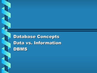 Database Concepts Data vs. Information DBMS 