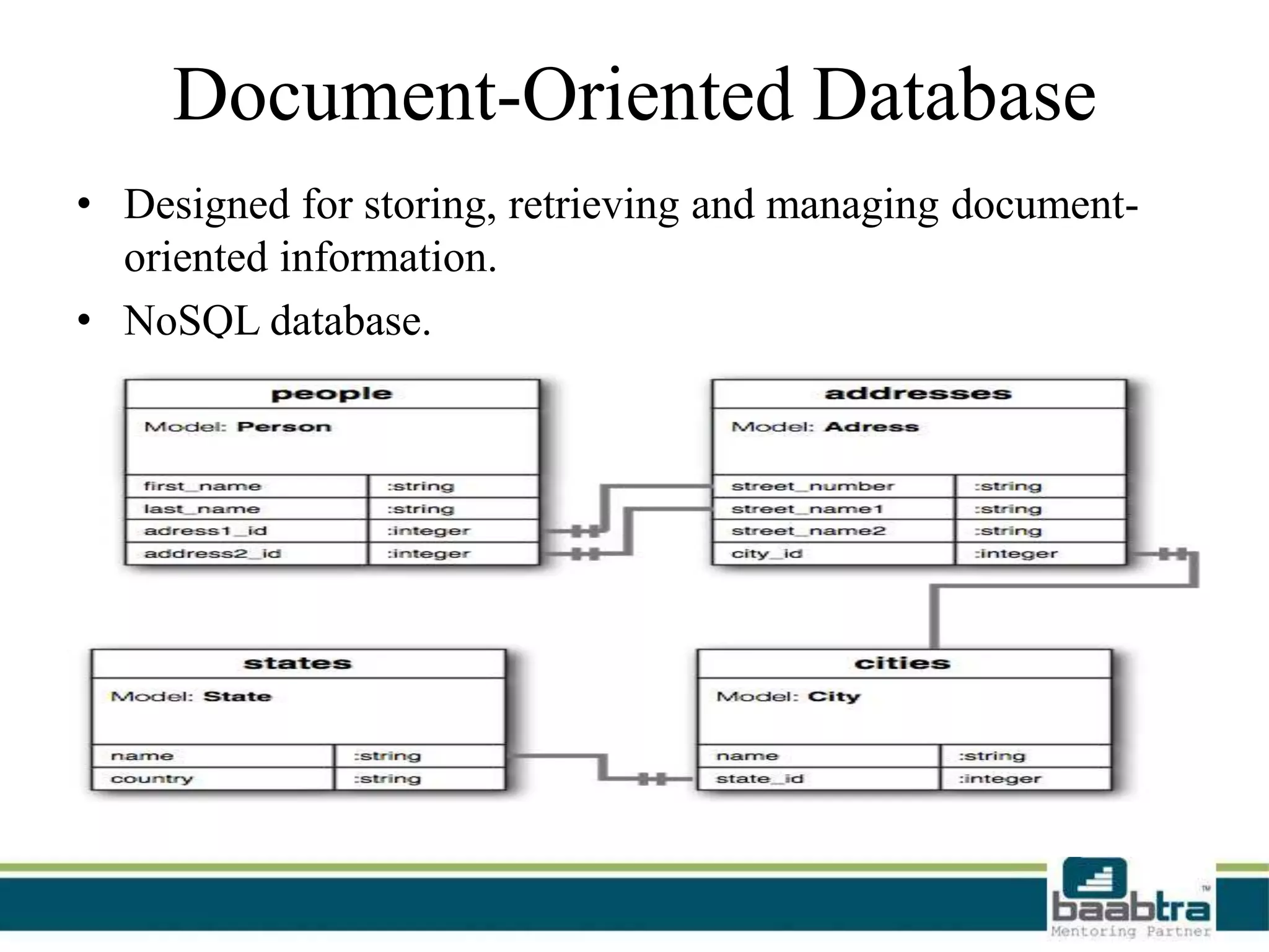 Document-Oriented Database
• Designed for storing, retrieving and managing document-
oriented information.
• NoSQL database.
 