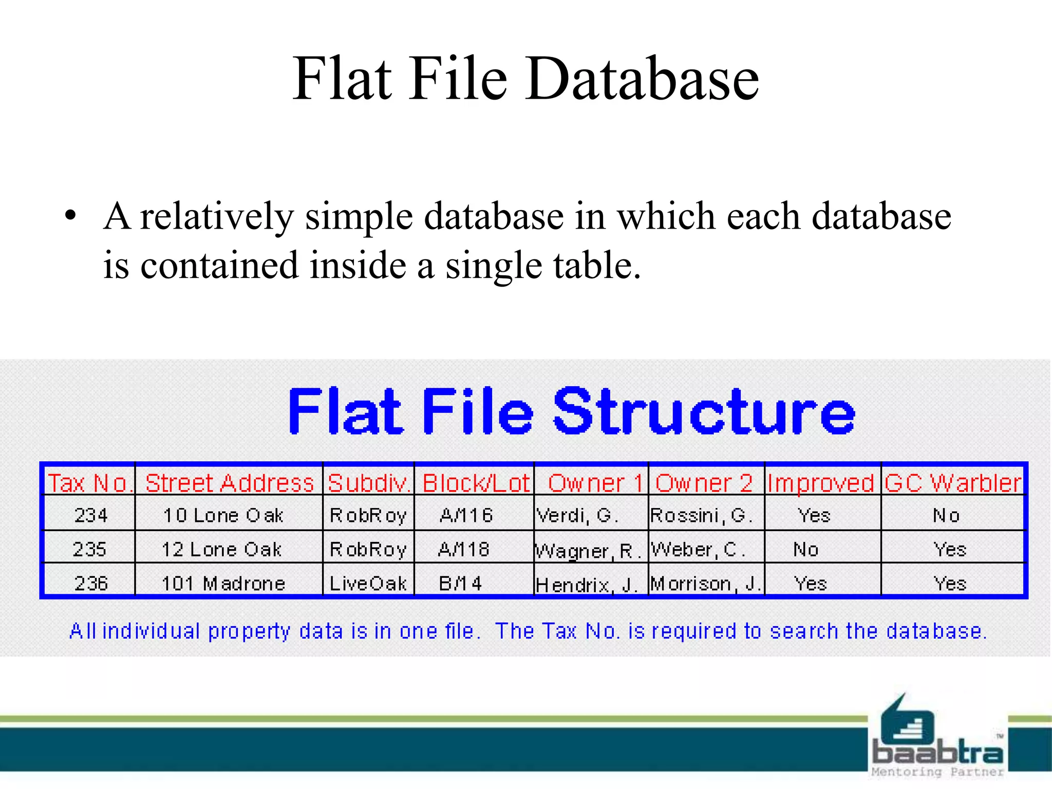 Flat File Database
• A relatively simple database in which each database
is contained inside a single table.
 