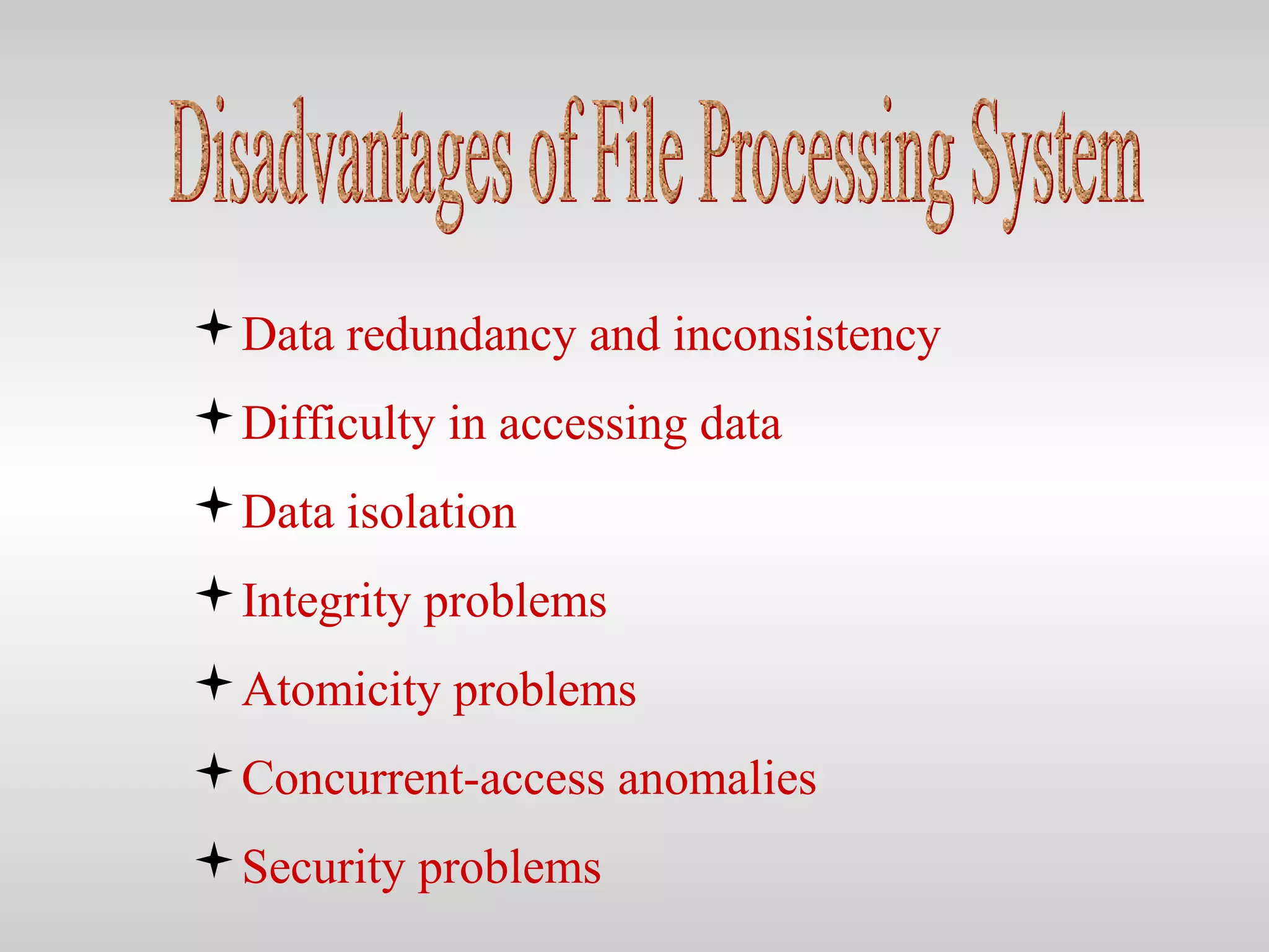 Data redundancy and inconsistency
Difficulty in accessing data
Data isolation
Integrity problems
Atomicity problems
Concurrent-access anomalies
Security problems
 